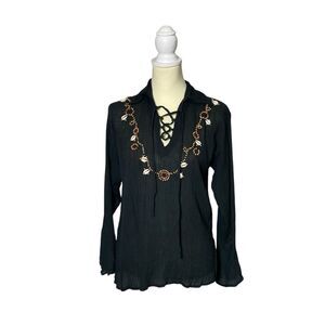 Vintage Max Mehra Collection Beaded Shell Gauzy Boho Blouse Women's Size L/XL